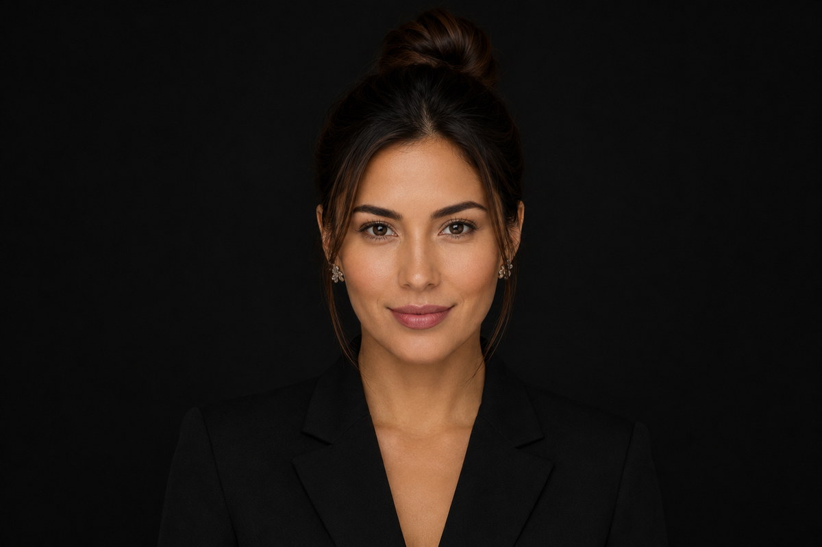 Professional studio headshot in a black blazer with hair in a high bun.