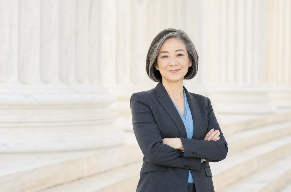 Environmental professional portrait in a charcoal blazer beside light architectural columns.