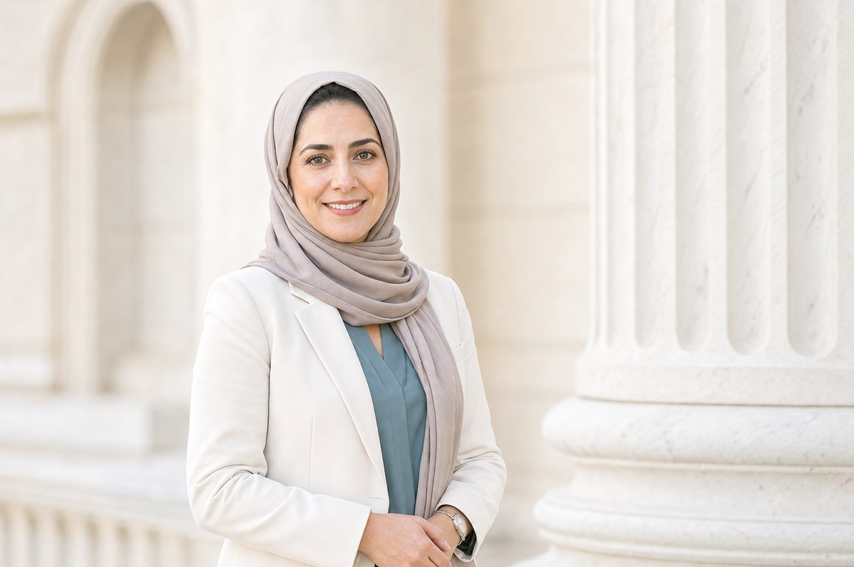 Professional portrait in a light blazer and headscarf in an architectural setting.