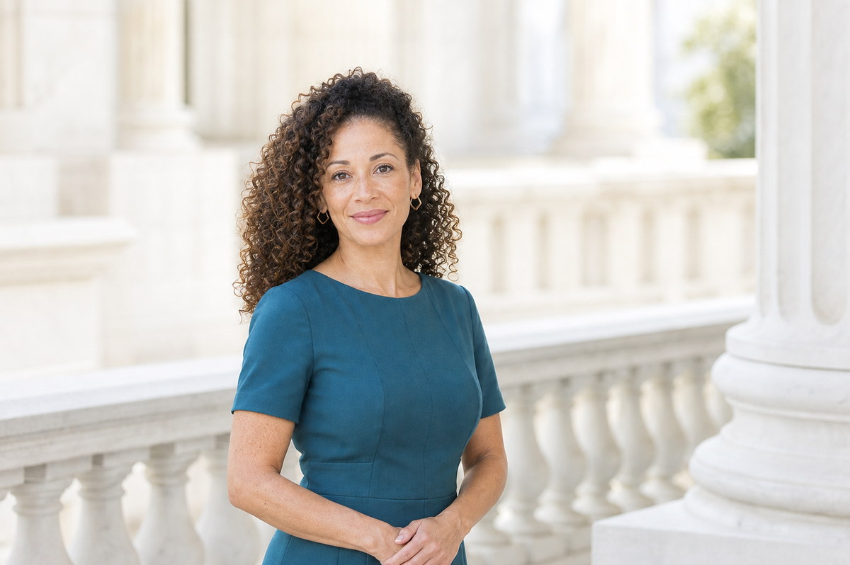 Environmental professional portrait in a teal dress beside light architectural columns.