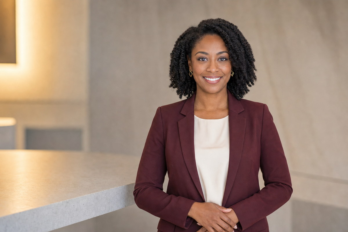 Workplace headshot in a burgundy blazer with a softly lit interior background.