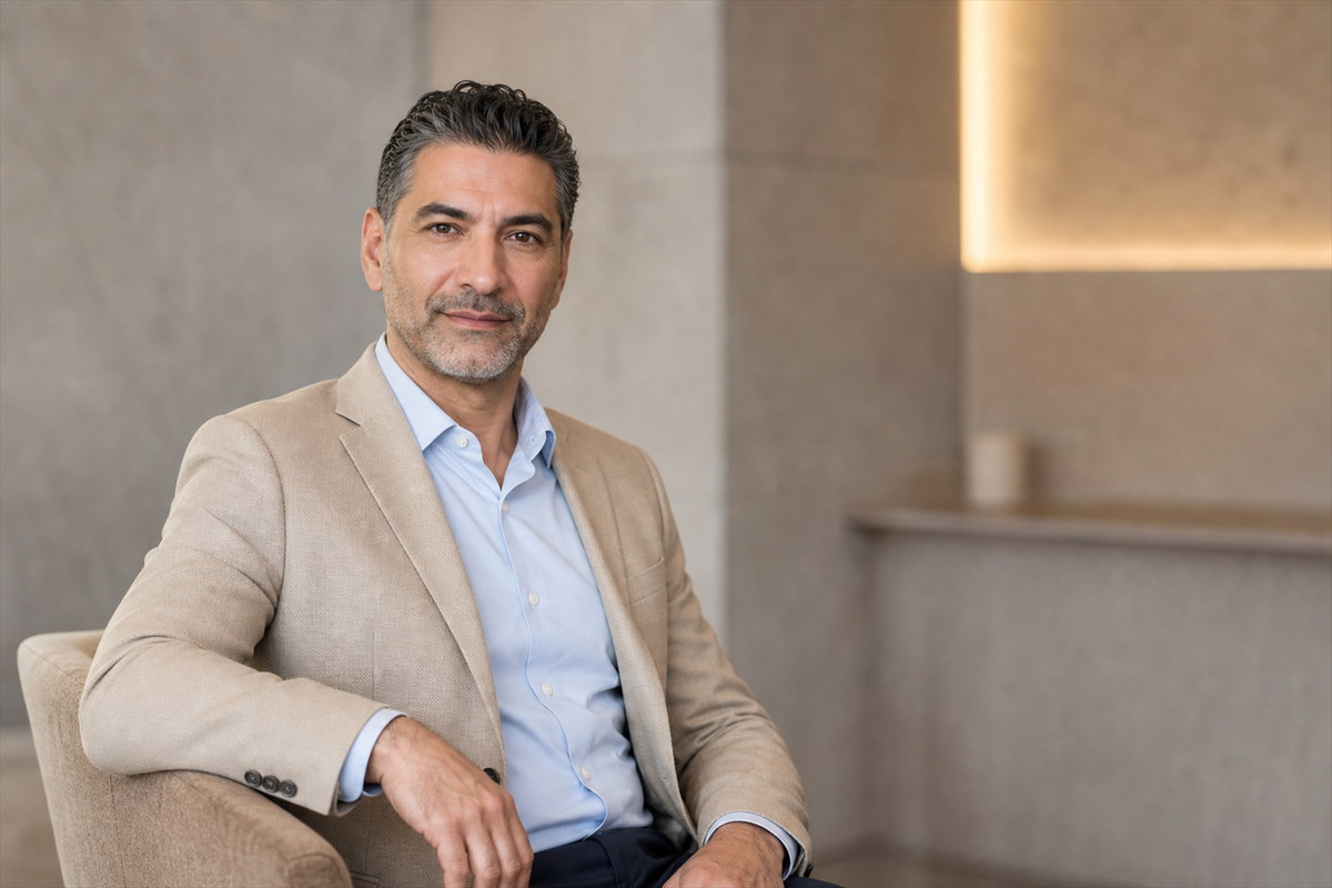 Professional seated portrait in a beige jacket in a softly lit office setting.