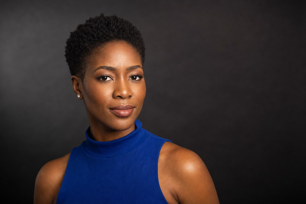 Professional studio headshot in a blue sleeveless top against a dark background.