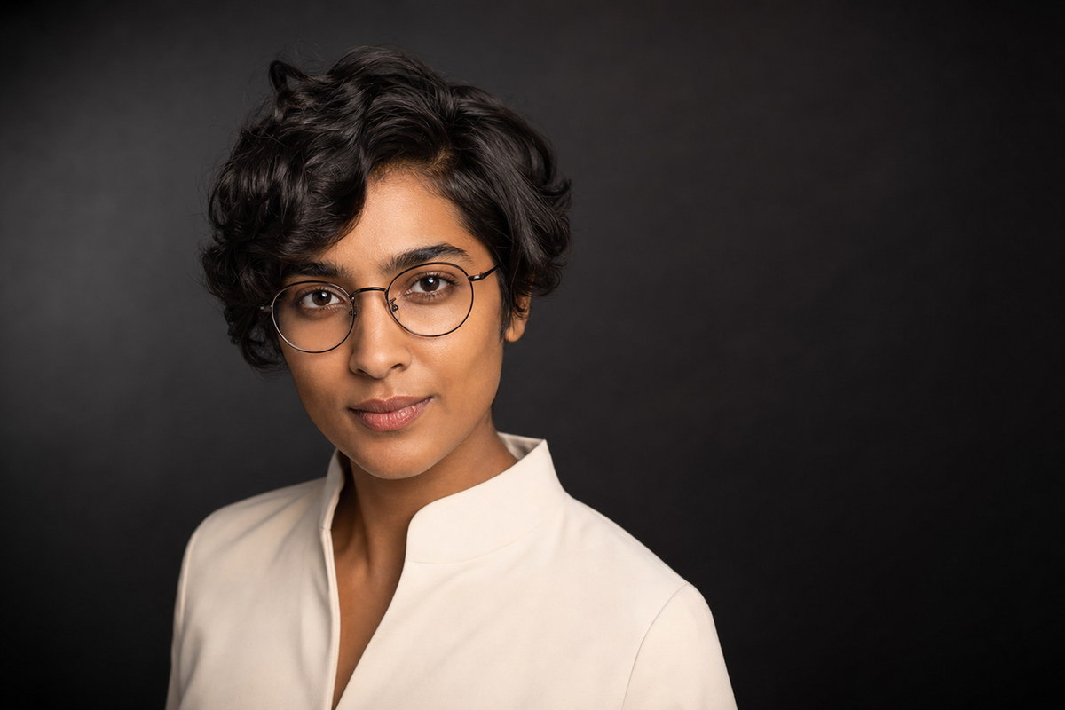 Professional studio headshot in a white blouse and glasses against a dark background.